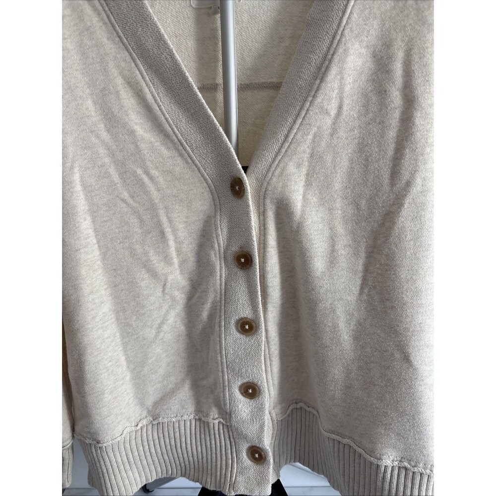 Aerie Vacay Fleece Oversized Cardigan Oatmeal Button Front Raw Seam Sz L - Picture 2 of 6